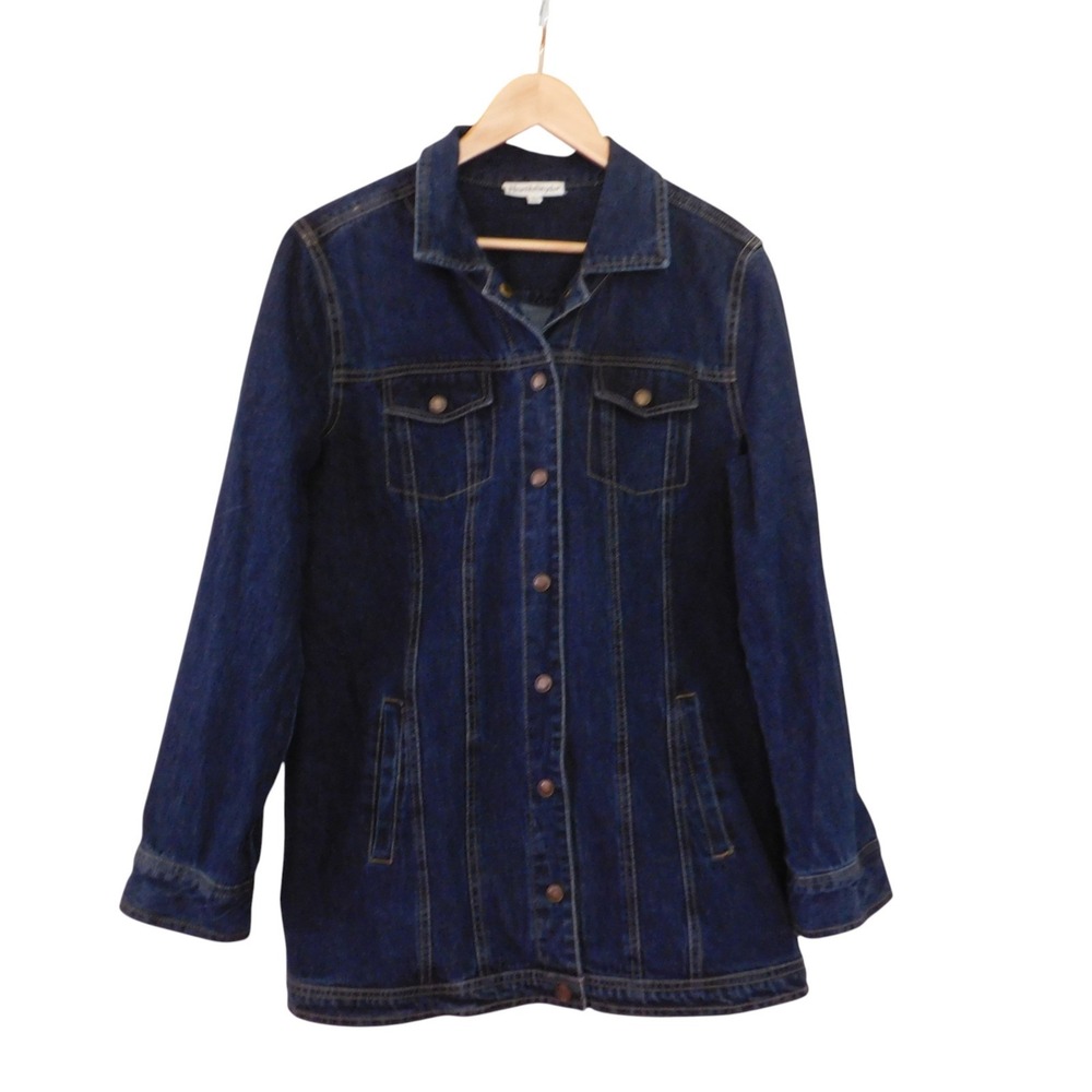 Dark Denim Long Trucker Jacket Pockets North Style Size Large Snap Front